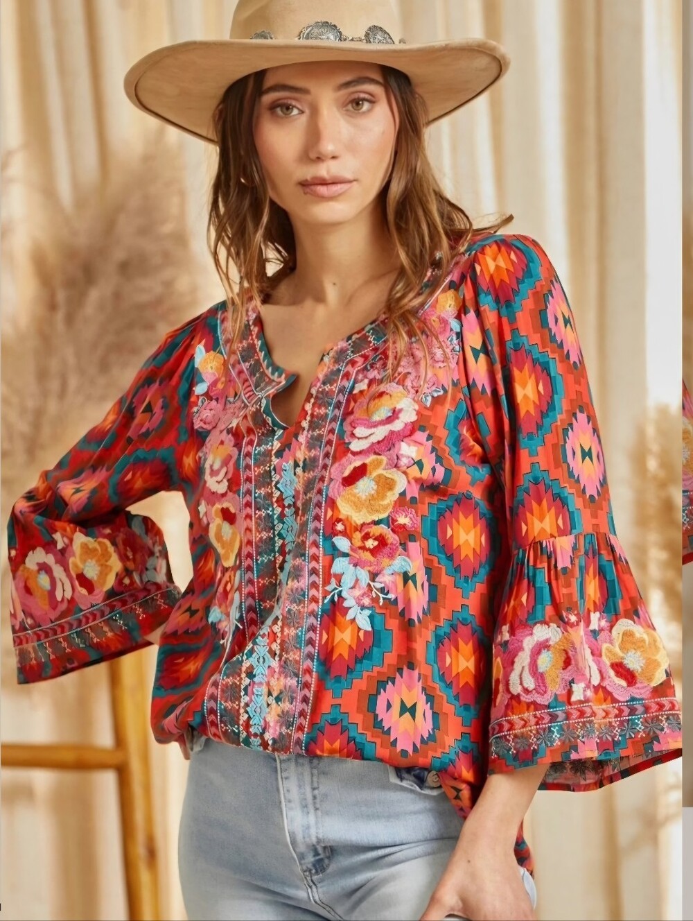 Savanna Jane 2X Plus Size Embroidered Floral Boho Blouse Orange Blue Top